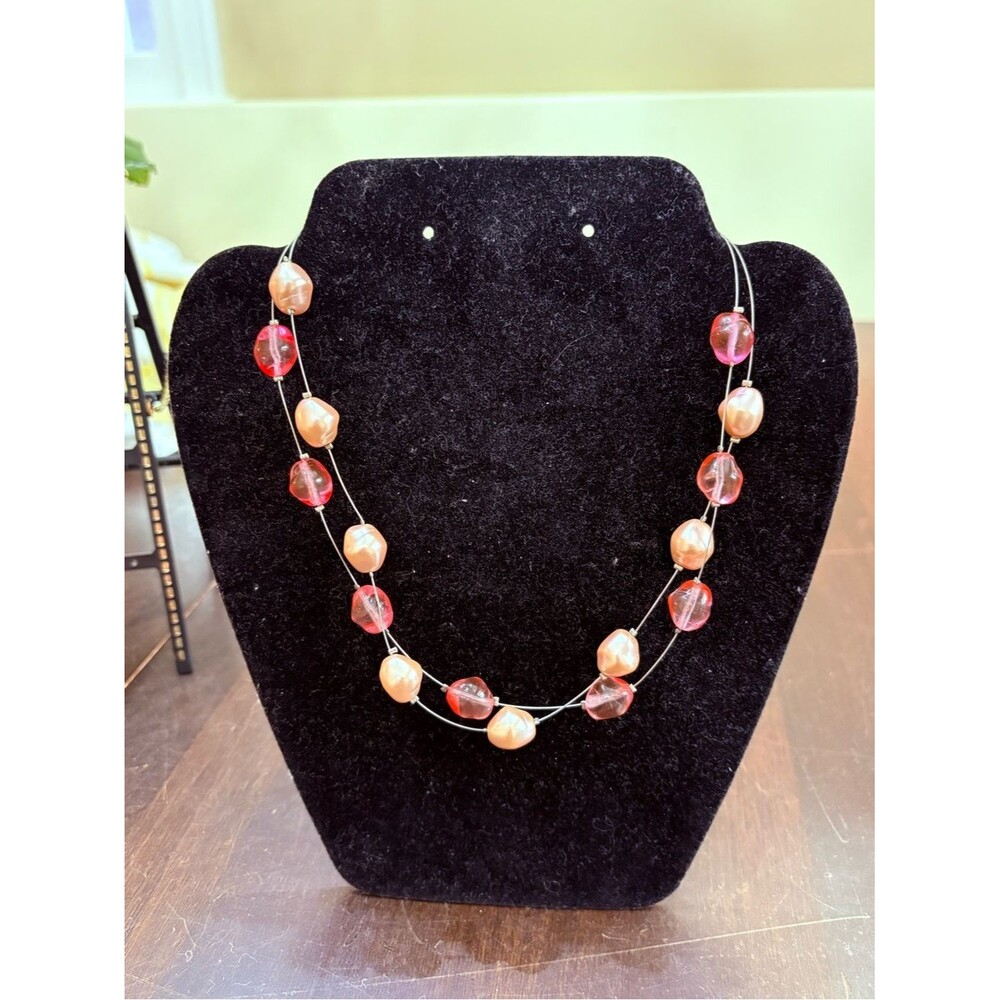 Vintage Pink Bead Double Strand Illusion Necklace